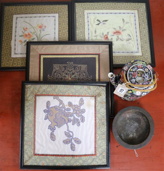 Set of 4 silk Oriental pictures, bronze censer &  tea pot